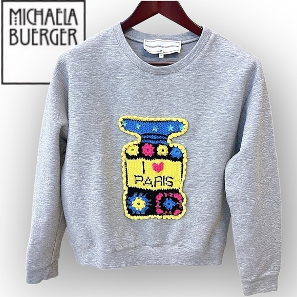 Michaela Buerger Tops - Michaela Buerger I love Paris perfume bottle sweatshirt with crochet detail, M